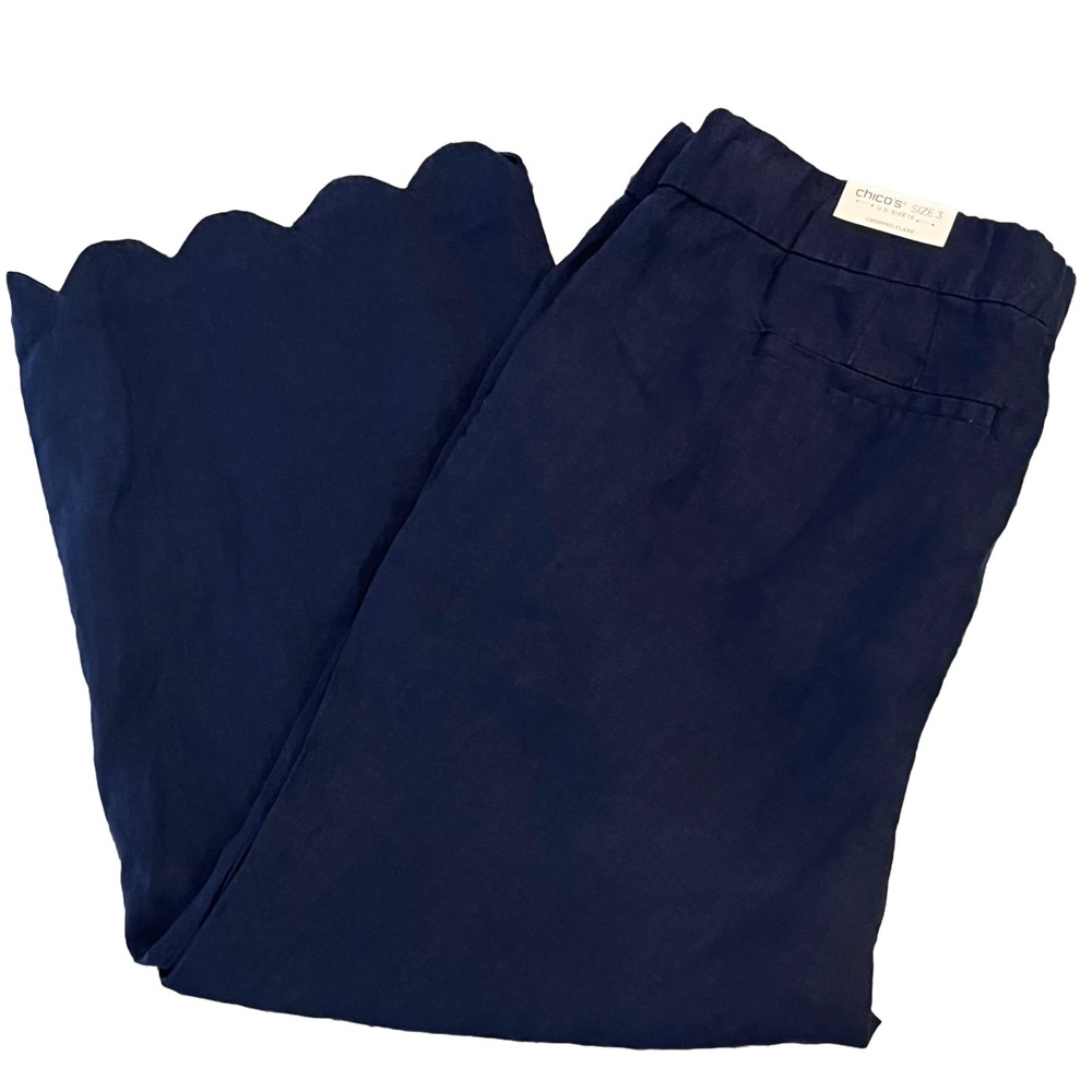 Chico's Pants Womens 3 Navy Cropped Flare Linen Scallop Bottom‎